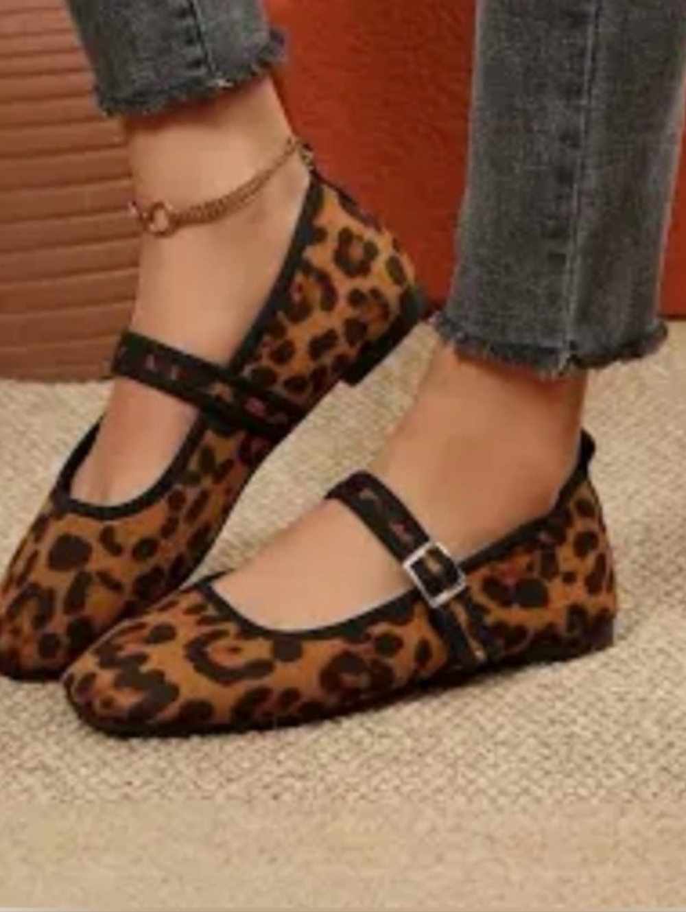 Leopard Print Mary Jane Flats - Brown
